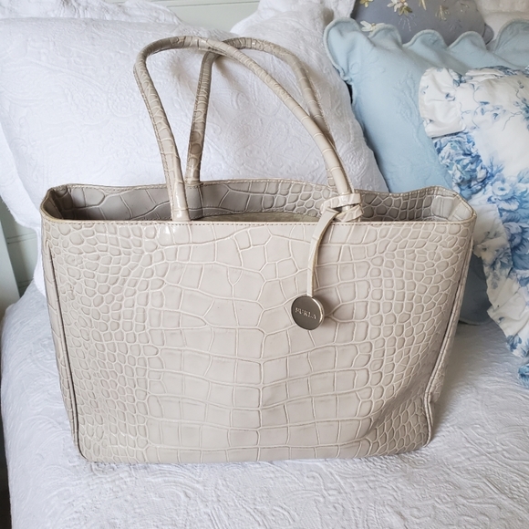 Furla Handbags - Furla Light Taupe/ Ecru Leather Croc Embossed Sholder Bag /Tote Bag with Dustbag